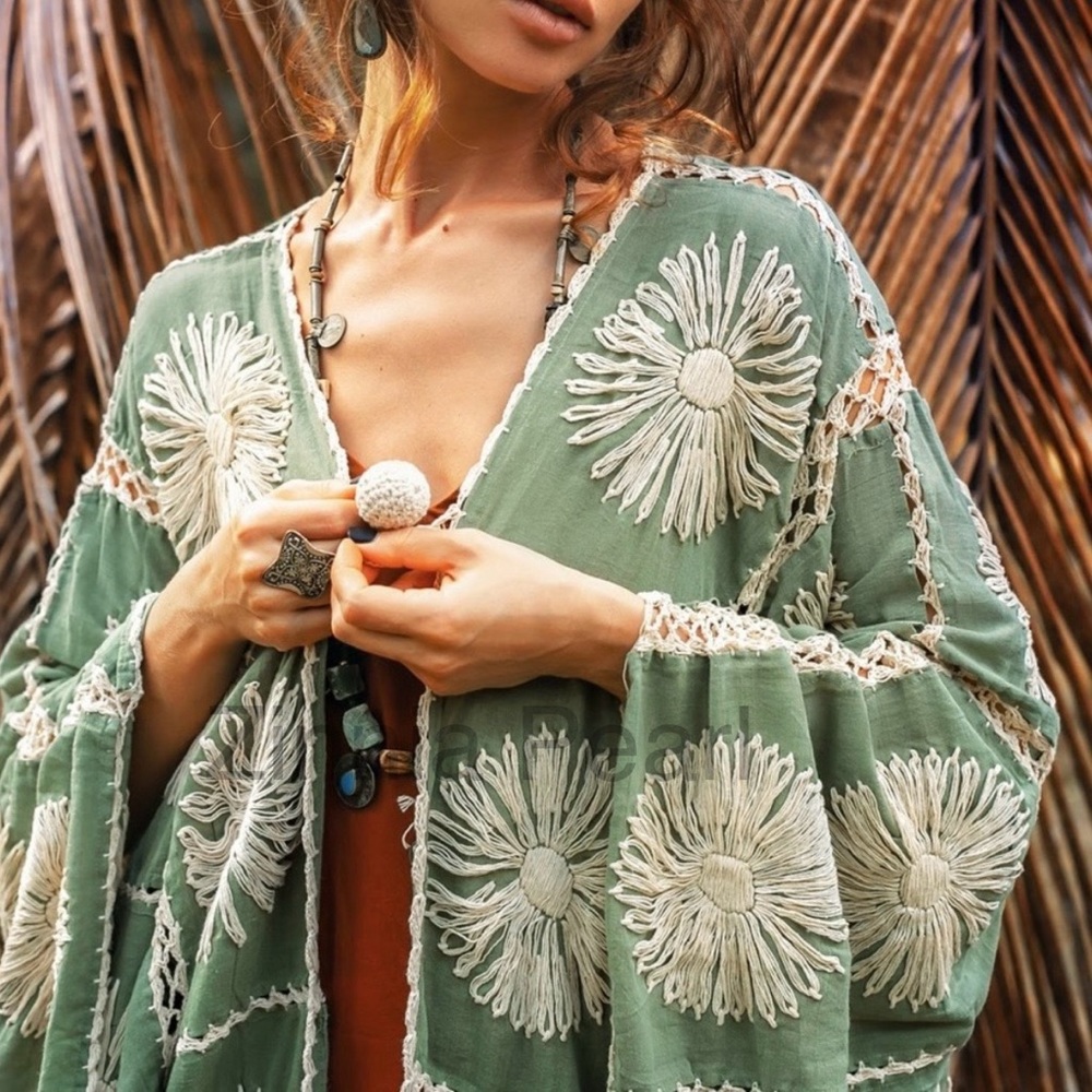 Flora crochet Embroidered maxi Kimnono Duster vacation resort one plus size - Picture 5 of 6